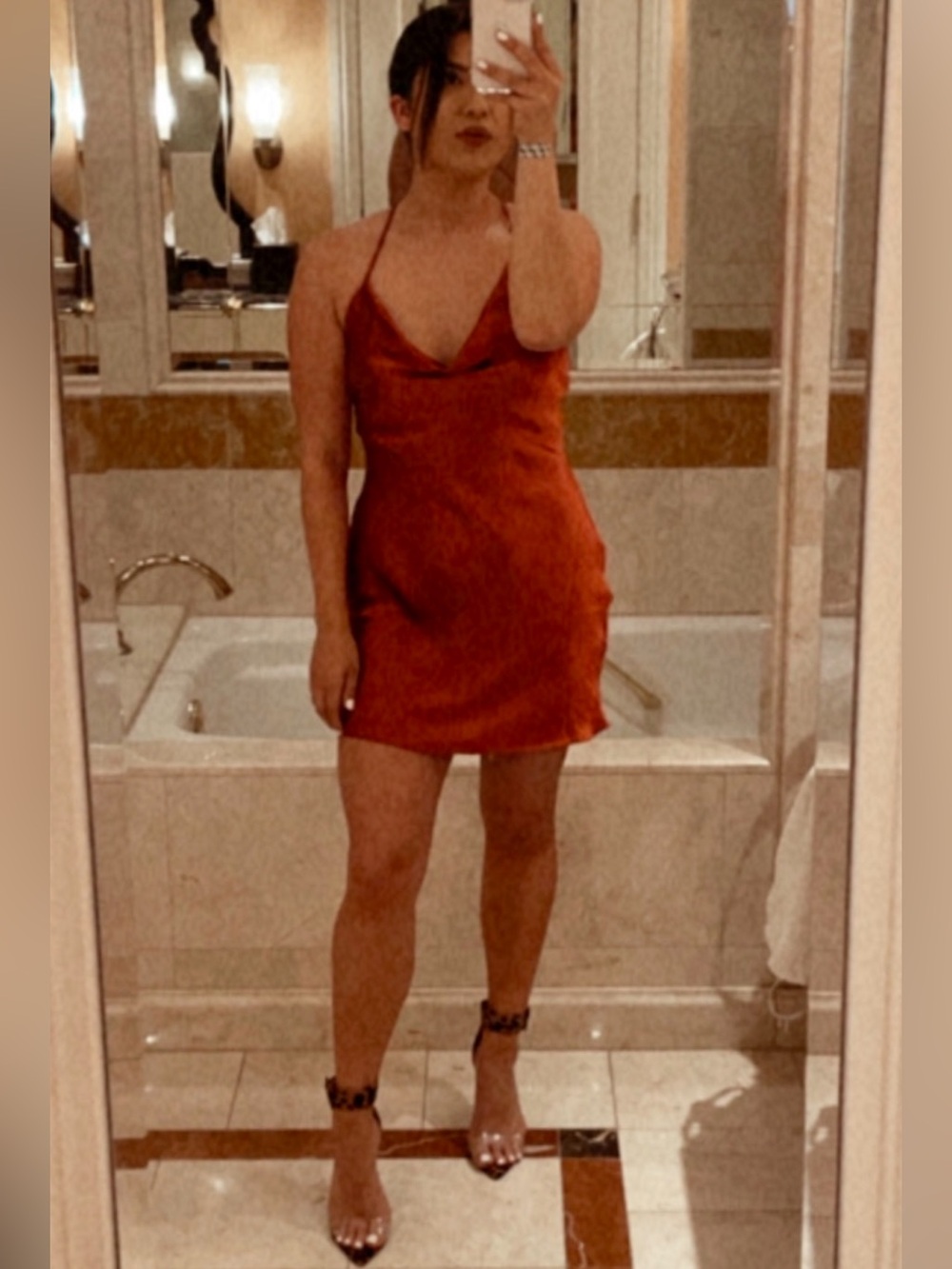 Satin Cowl Neck Mini Dress in Rust